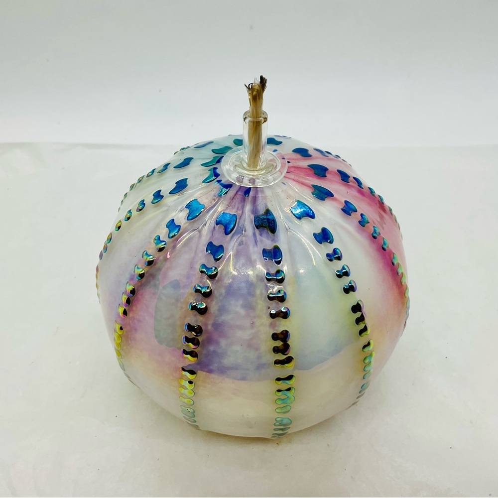 VTG 1995 Stuart Abelman Iridescent Art Glass Oil Lamp & Wick Signed & Numbered